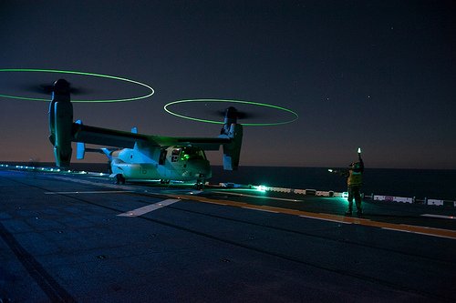 A U.S. Navy MV-22 Osprey takes off from the USS Boxer, an amphibious assault ship off the coast of California. October 29, 2012. Photo credit U.S. Navy